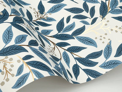 Lush vine and metallic berry floral wallpaper in blue by Rifle Paper Co, pattern RF7461 from the Third Edition, non-woven washable wallcovering.