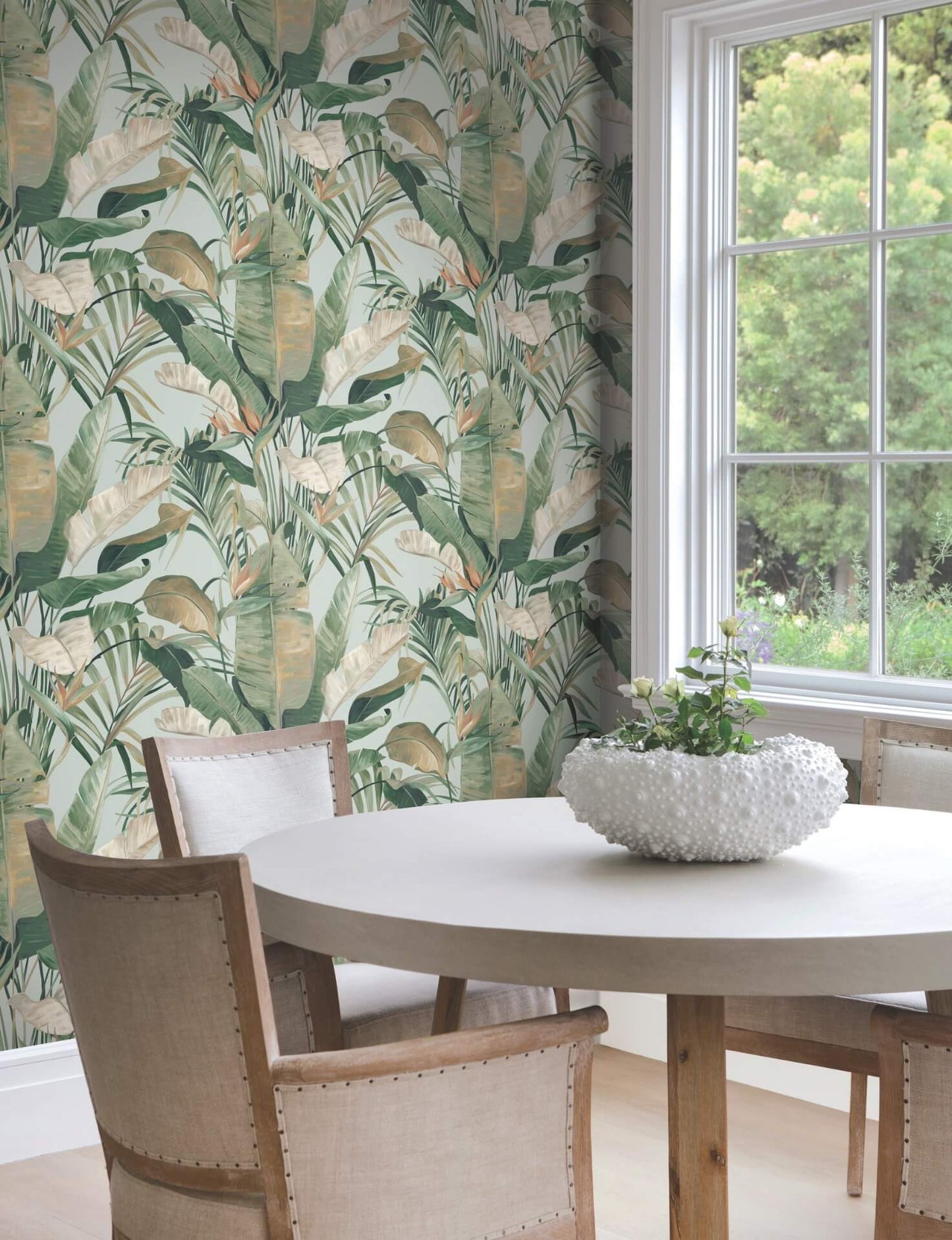 Candice Olson Tropical Cabana wallpaper spa color by York Wallcoverings, tropical banana leaf wallpaper with gazebo pattern in green, rust, and mustard on pastel blue background, luxury resort style wallcovering for coastal living room, bedroom, or accent wall interior design