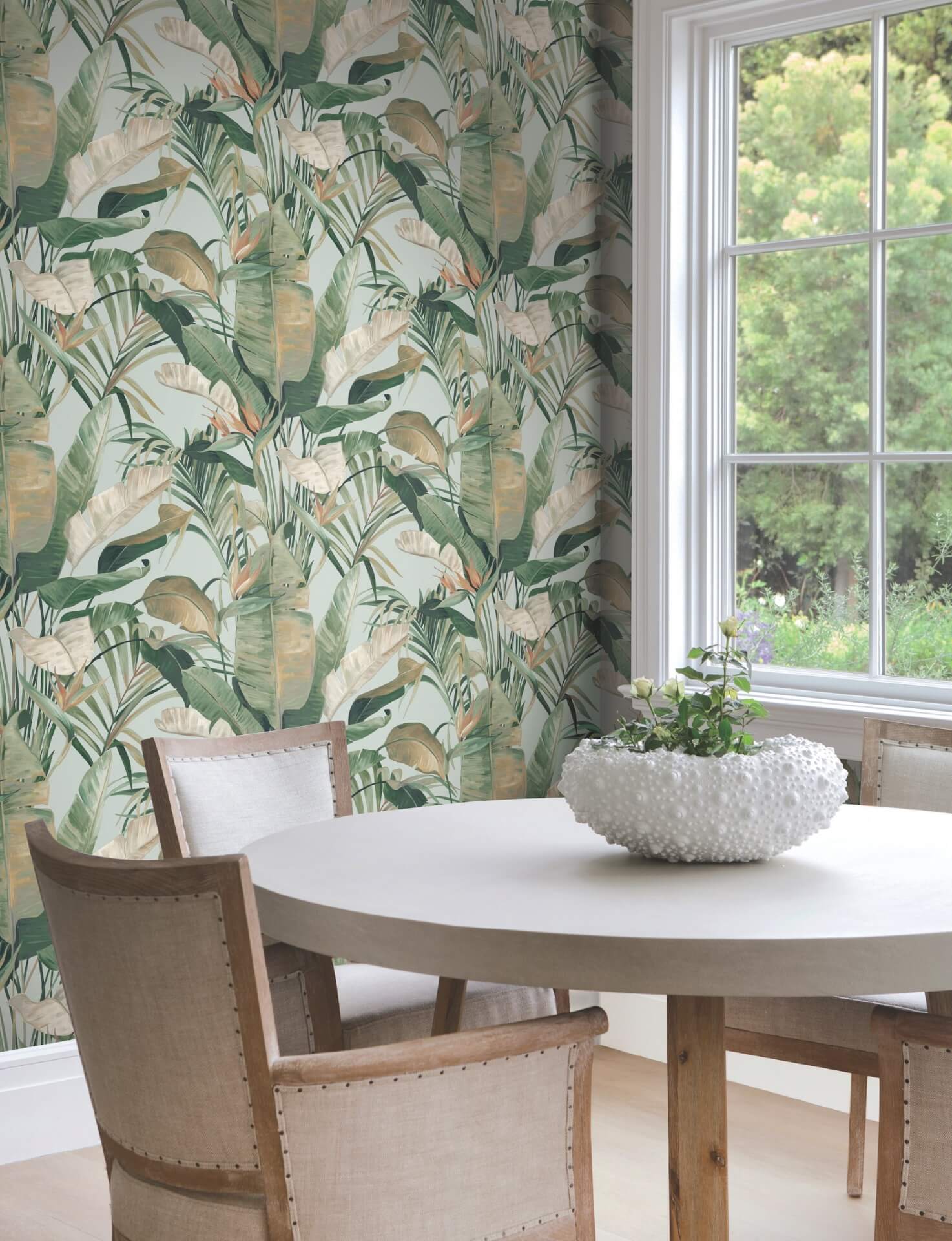 Candice Olson Tropical Cabana wallpaper spa color by York Wallcoverings, tropical banana leaf wallpaper with gazebo pattern in green, rust, and mustard on pastel blue background, luxury resort style wallcovering for coastal living room, bedroom, or accent wall interior design