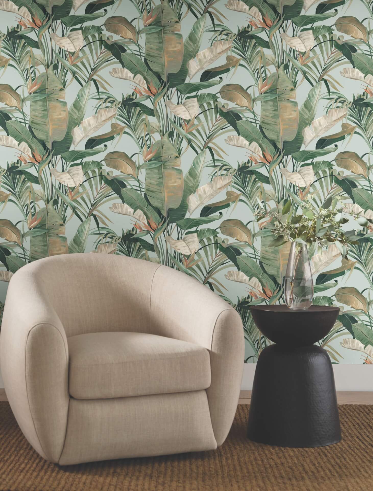 Candice Olson Tropical Cabana wallpaper spa color by York Wallcoverings, tropical banana leaf wallpaper with gazebo pattern in green, rust, and mustard on pastel blue background, luxury resort style wallcovering for coastal living room, bedroom, or accent wall interior design