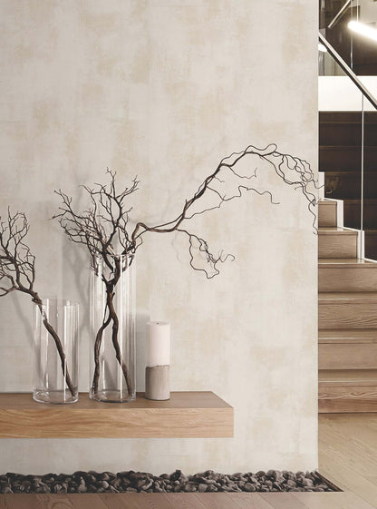 Beige Italian Plaster wallpaper by York Wallcoverings SI14511 with soft pearlescent plaster texture, luxury vinyl non-woven material, warm neutral tones, and modern organic style for elegant interior feature walls and upscale home design.