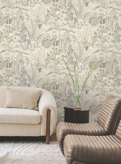 Designer Lotus Land Cacti wallpaper with organic desert plant pattern in earthy neutral tones, non‑woven washable wallcovering ideal for accent wall, living room, bedroom, dining room and modern eclectic interiors.