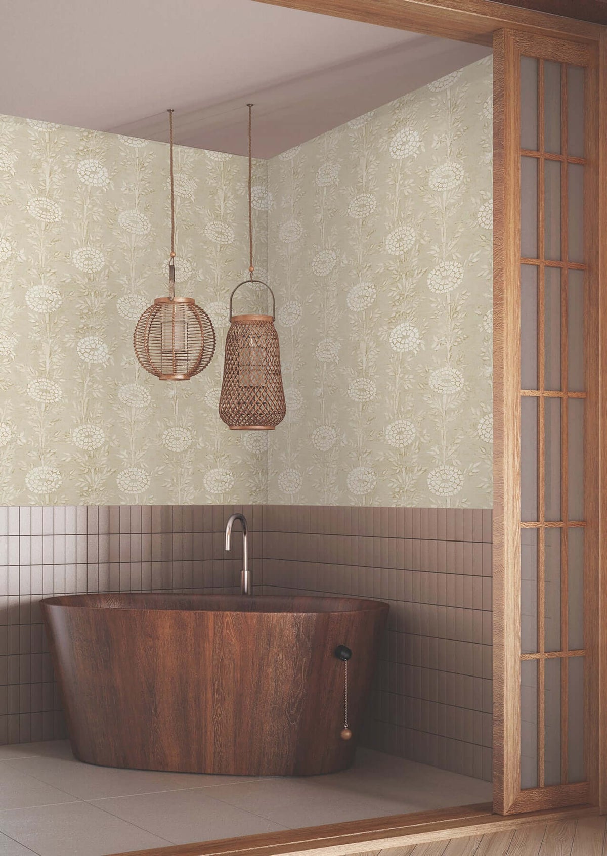 French Marigold Wallpaper in taupe, metallic gold, and white, featuring an elegant floral botanical pattern. Luxury designer wallpaper for sophisticated home interiors, statement walls, bedrooms, and living rooms.