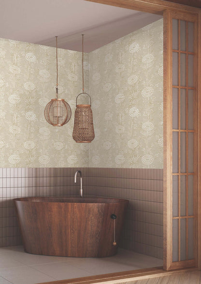 French Marigold Wallpaper in taupe, metallic gold, and white, featuring an elegant floral botanical pattern. Luxury designer wallpaper for sophisticated home interiors, statement walls, bedrooms, and living rooms.