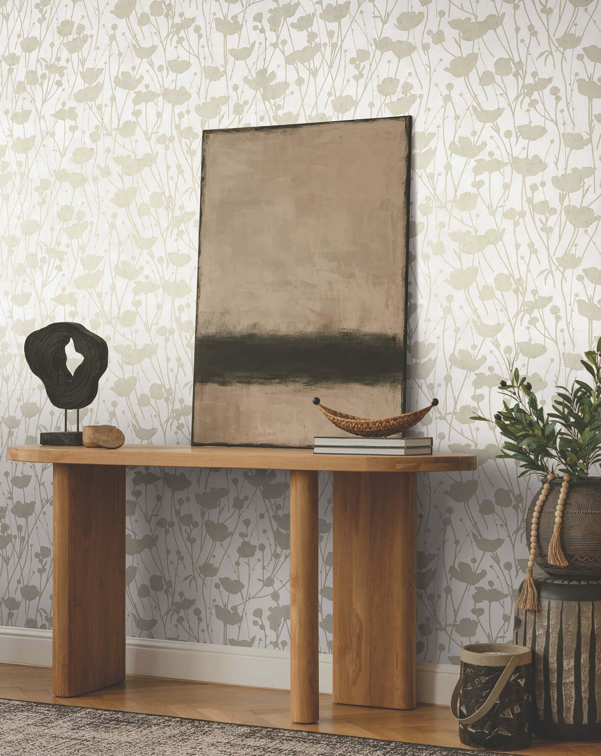 Ronald Redding Shimmering Poppies Wallpaper with subtle gold metallic poppies and slender botanical stems on a soft white background. Perfect for luxury wallpaper, floral decor, elegant interiors, statement walls, and serene room designs.