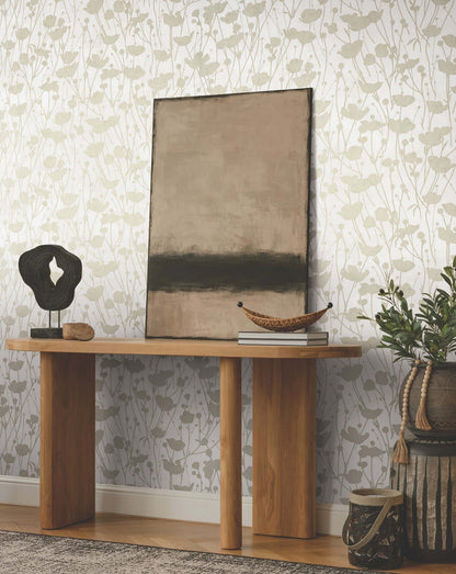 Ronald Redding Shimmering Poppies Wallpaper with subtle gold metallic poppies and slender botanical stems on a soft white background. Perfect for luxury wallpaper, floral decor, elegant interiors, statement walls, and serene room designs.