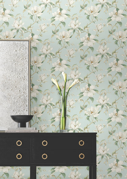 Candice Olson Decadence II Garden Jewels Spa Wallpaper – bold blue floral non‑woven wallcovering by York Wallcoverings, traditional botanical design ideal for accent walls, living room, powder room, bedroom.