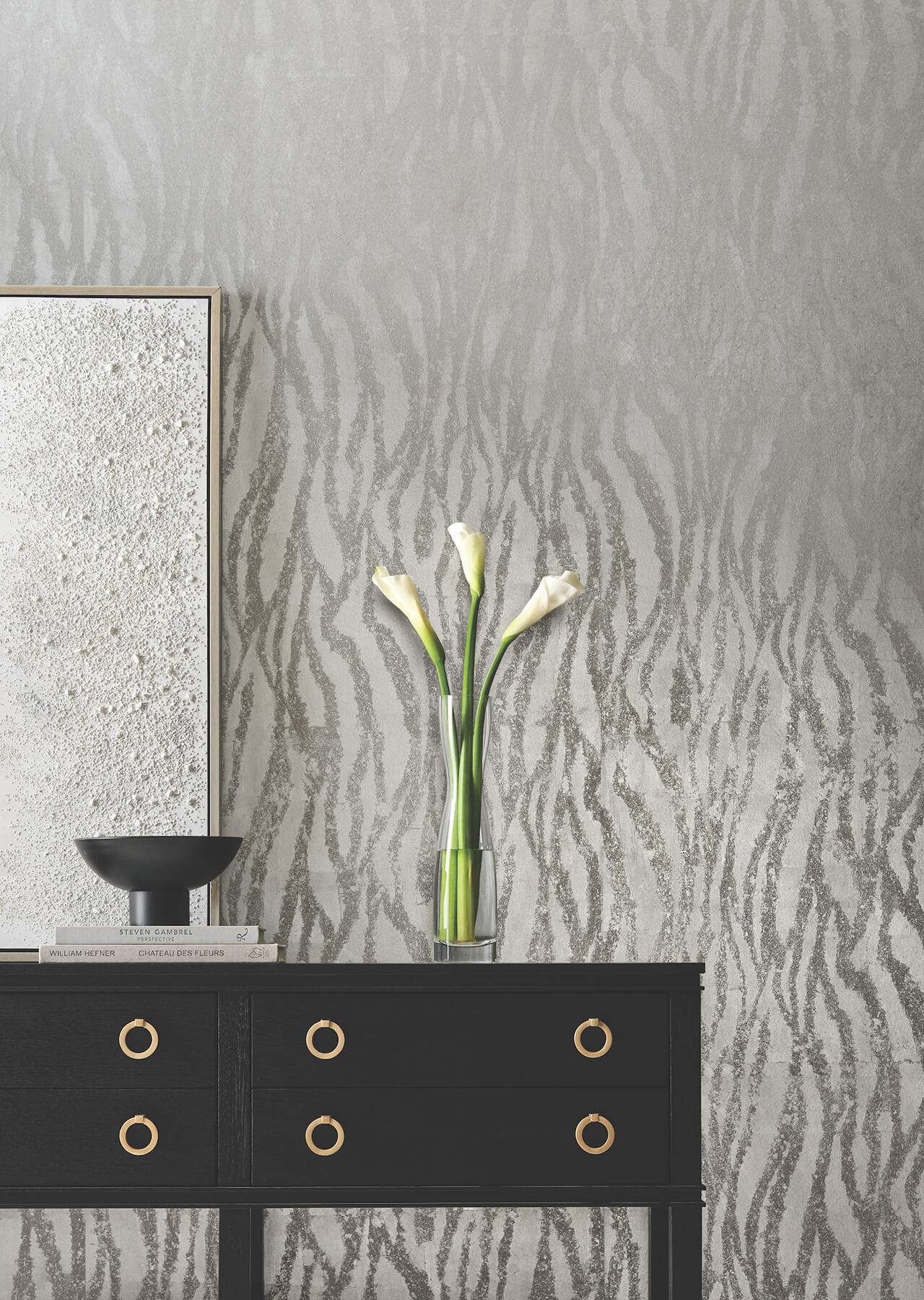 Luxury Zebra Chic Silver Wallpaper by Candice Olson featuring a sophisticated metallic zebra-inspired animal print design with shimmering silver foil accents. Modern designer wallcovering on non-woven material ideal for luxury living rooms, elegant bedrooms, dining rooms, powder rooms, accent walls, contemporary interiors, glam decor, upscale home renovation projects, statement walls, metallic wall coverings, designer wallpaper installations, and high-end residential interiors. This silver animal print wall