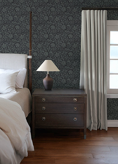 Hague Dark Blue Floral Trail wallpaper by A-Street Prints featuring pale blue wildflowers, curling vines, and berry branches on a deep navy background. Elegant Jacobean botanical wallpaper from the Chris Loves Julia collection, ideal for traditional interiors, cottage style homes, accent walls, bedrooms, and living rooms.