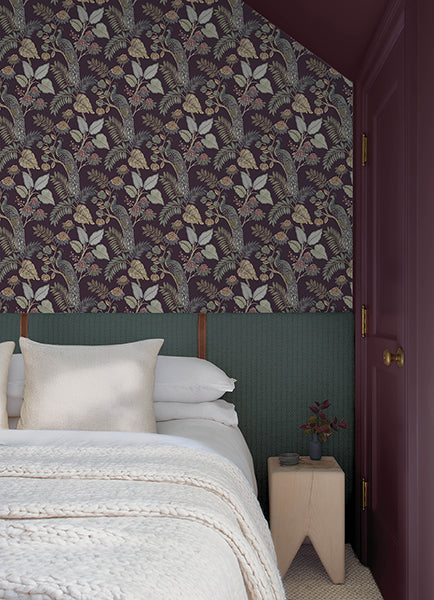 Geneva Plum Peacock Paradise Wallpaper showing plum and green peacocks with tropical foliage for elegant wall decor.