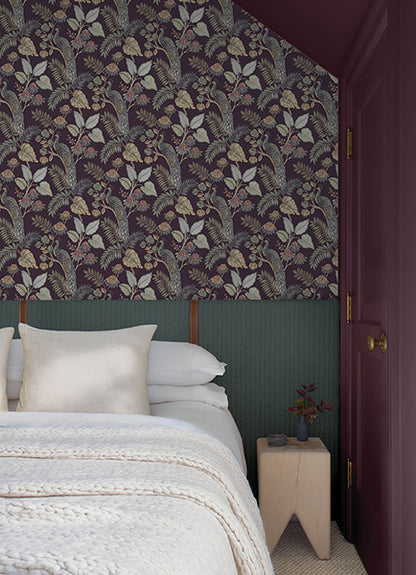 Geneva Plum Peacock Paradise Wallpaper showing plum and green peacocks with tropical foliage for elegant wall decor.