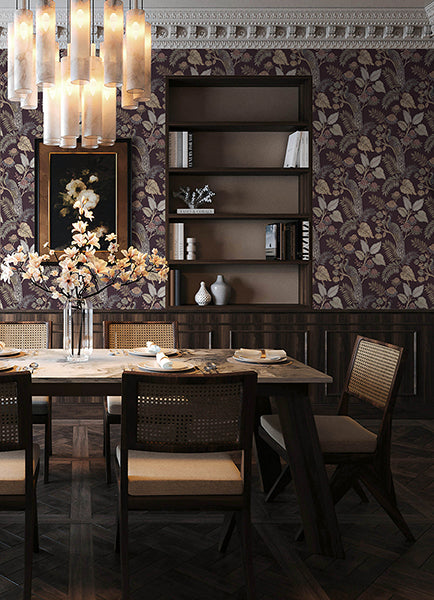 Geneva Plum Peacock Paradise Wallpaper by A-Street Prints showing plum and green peacocks with tropical foliage for elegant wall decor.