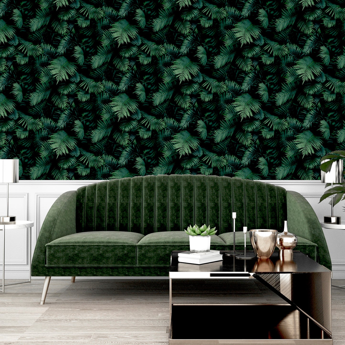 York Wallcoverings Arthouse Winona green fern wallpaper with detailed botanical leaf pattern, ideal for feature walls and nature-inspired home decor.