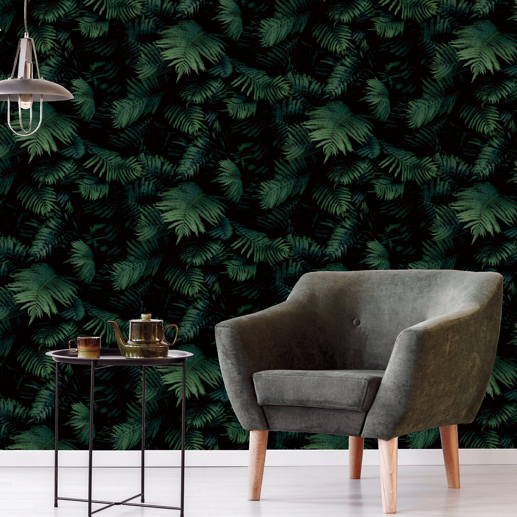 York Wallcoverings Arthouse Winona green fern wallpaper with detailed botanical leaf pattern, ideal for feature walls and nature-inspired home decor.