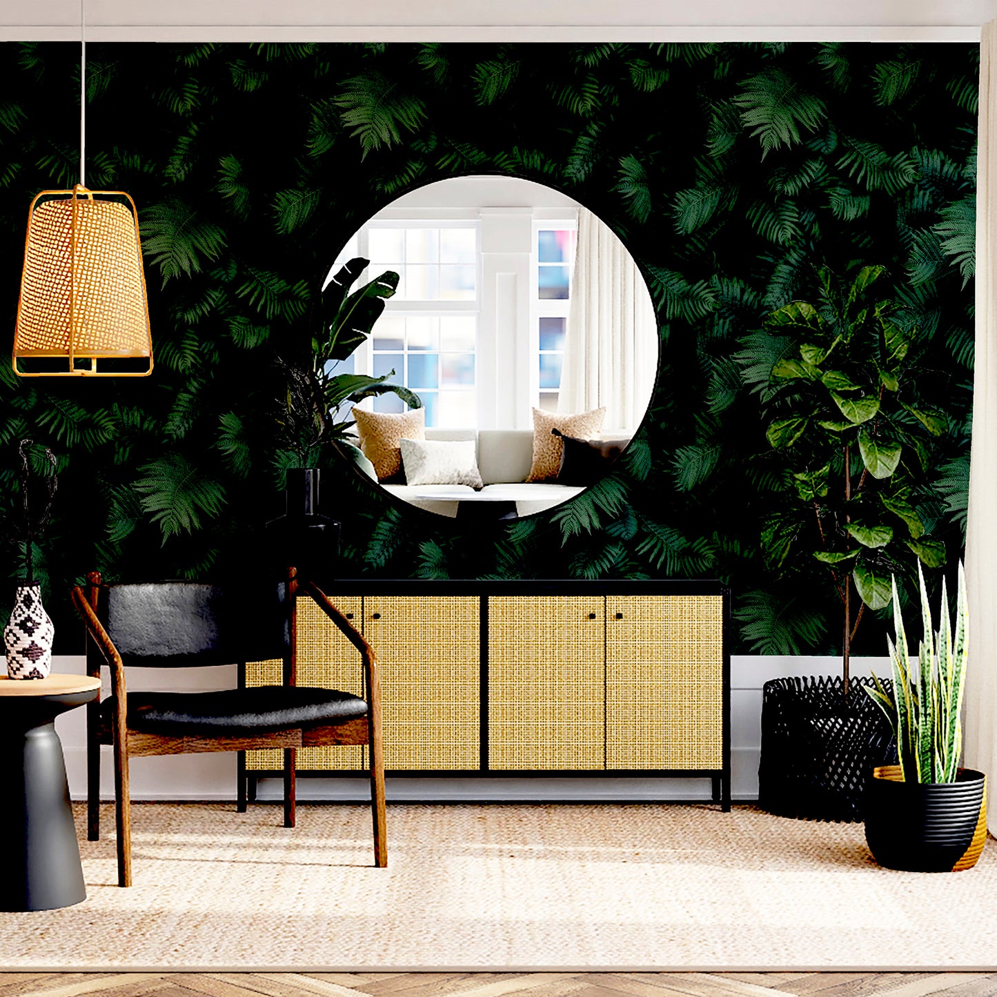 Green fern wallpaper with a detailed botanical leaf pattern, ideal for feature walls and nature-inspired decor.