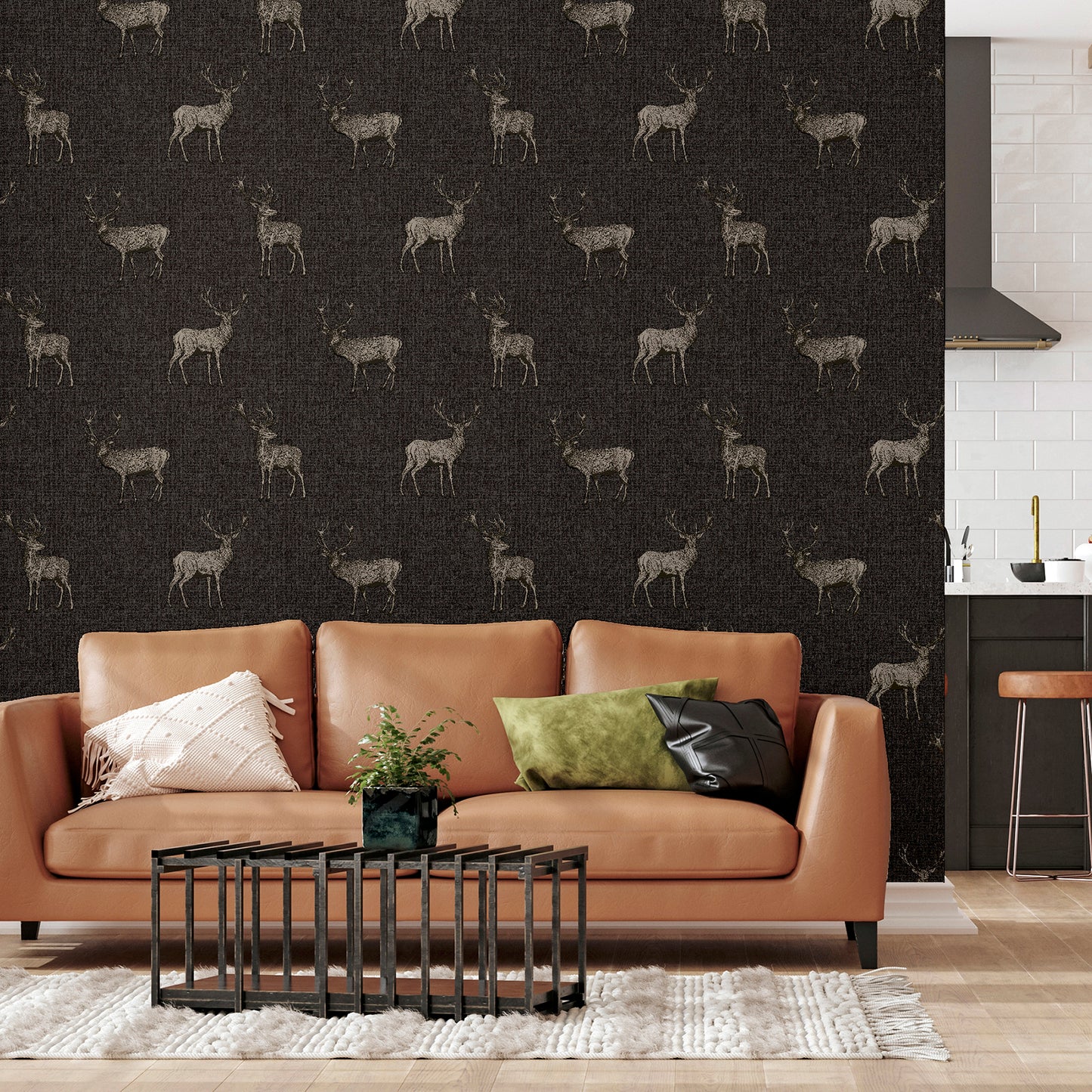 Arthouse Hank Charcoal Stag Wallpaper with detailed deer illustrations on a dark charcoal background. Rustic woodland animal wallpaper ideal for farmhouse décor, cabin interiors, masculine living rooms, bedroom accent walls, and nature-inspired home design.