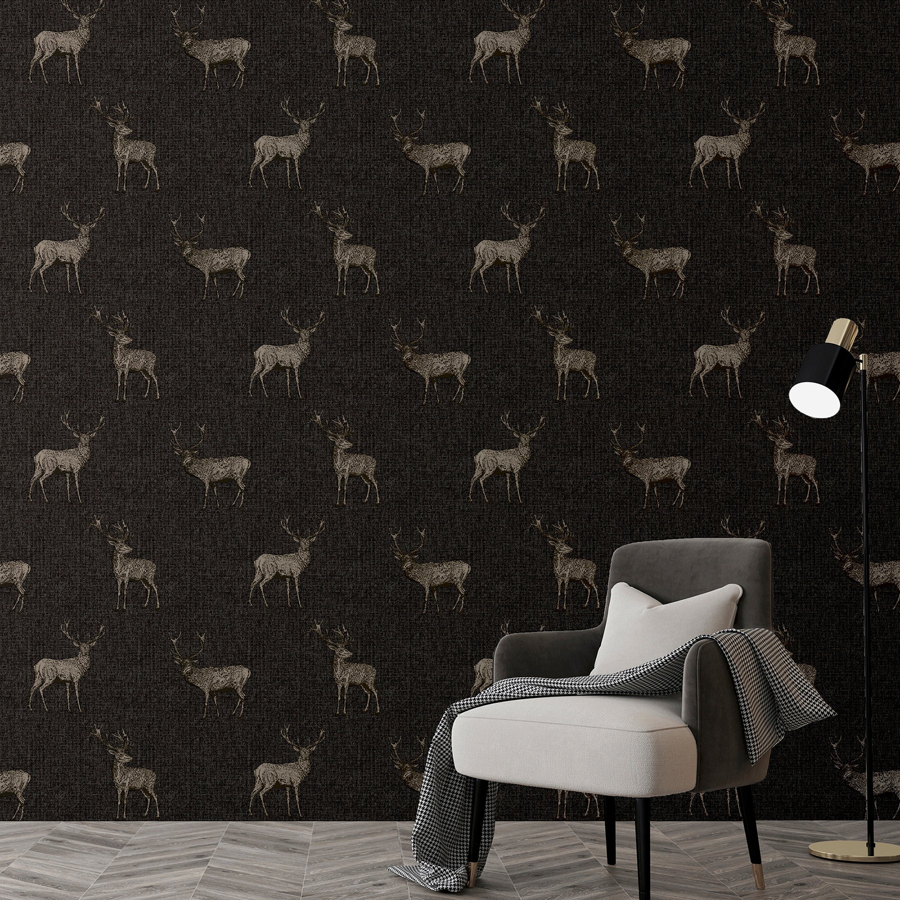 Arthouse Hank Charcoal Stag Wallpaper with detailed deer illustrations on a dark charcoal background. Rustic woodland animal wallpaper ideal for farmhouse décor, cabin interiors, masculine living rooms, bedroom accent walls, and nature-inspired home design.