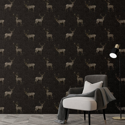 Arthouse Hank Charcoal Stag Wallpaper with detailed deer illustrations on a dark charcoal background. Rustic woodland animal wallpaper ideal for farmhouse décor, cabin interiors, masculine living rooms, bedroom accent walls, and nature-inspired home design.