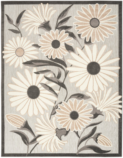 Rectangular floral rug featuring large cream daisies on gray background, dark centers and a black border.