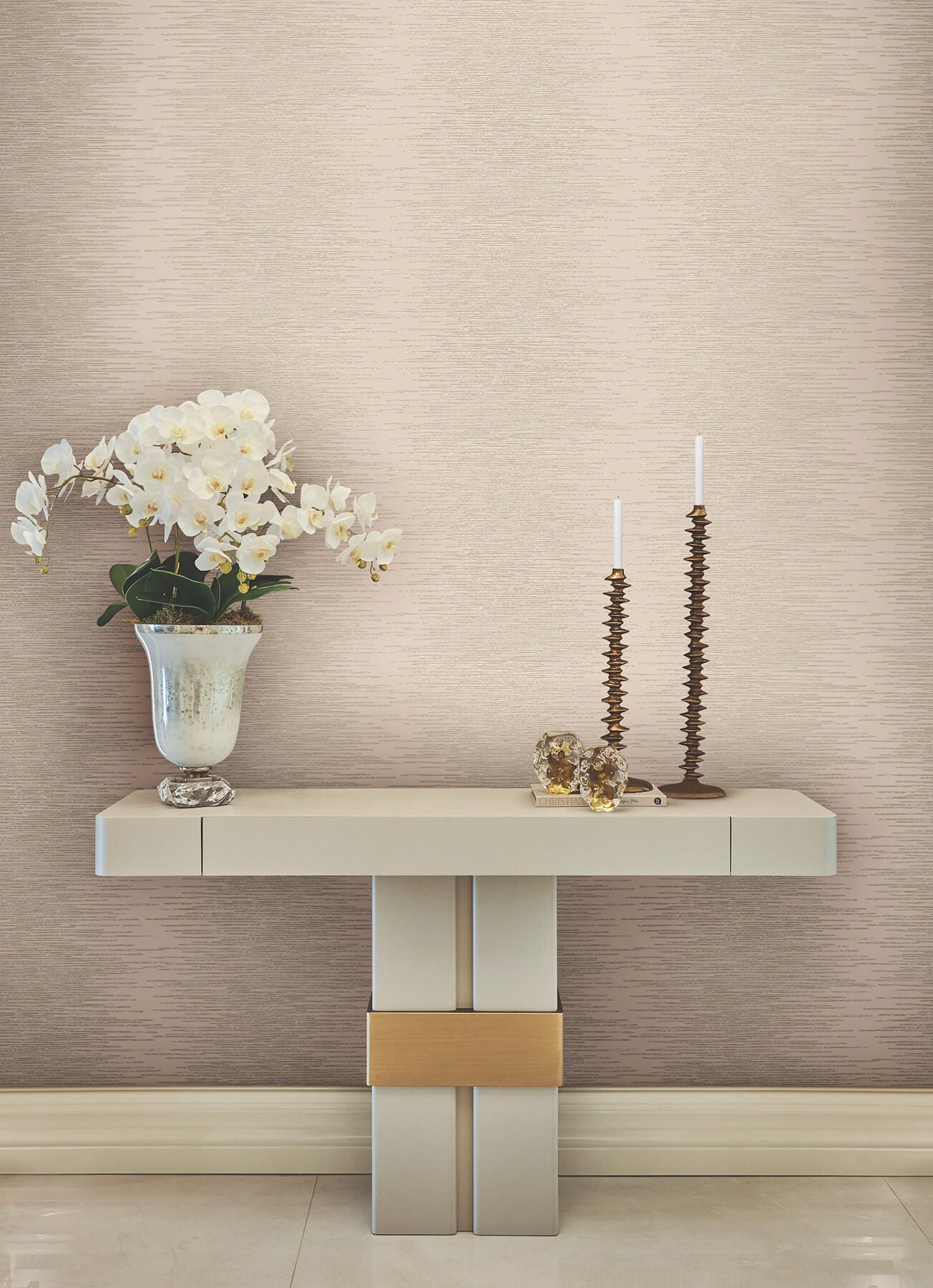 Operetta Blush Metallic Columns Wallpaper by Ronald Redding with organic metallic gold, grey, and white vertical columns on a soft blush background. Modern luxury non-woven wallpaper for elegant living rooms, bedrooms, dining rooms, offices, powder rooms, and stylish accent walls.