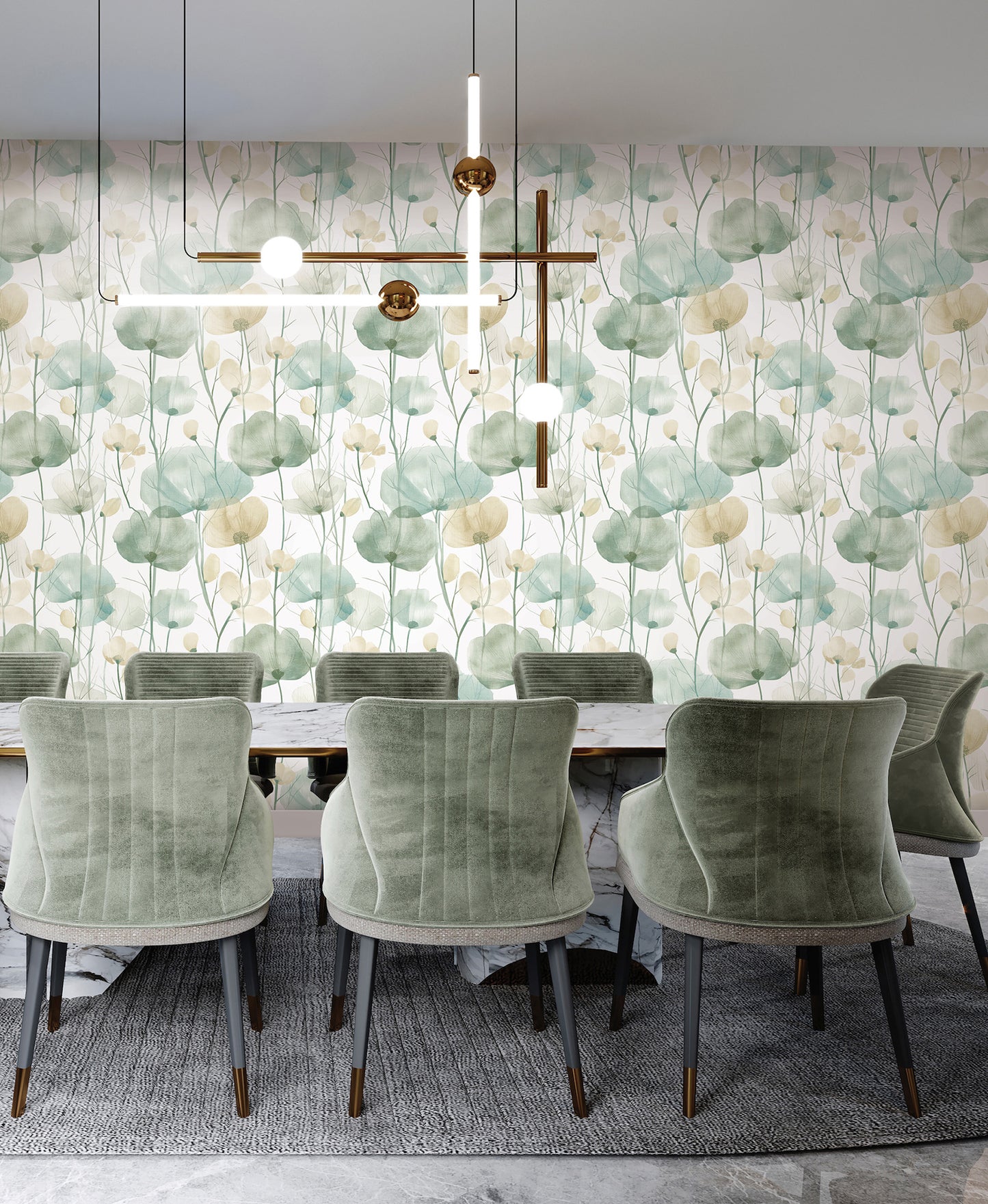 Ronald Redding Cotswolds Poppies Turquoise Floral Wallpaper (VR1539) showing aqua and turquoise poppies with sage and beige leaves — floral pattern ideal for accent wall or full room makeover.