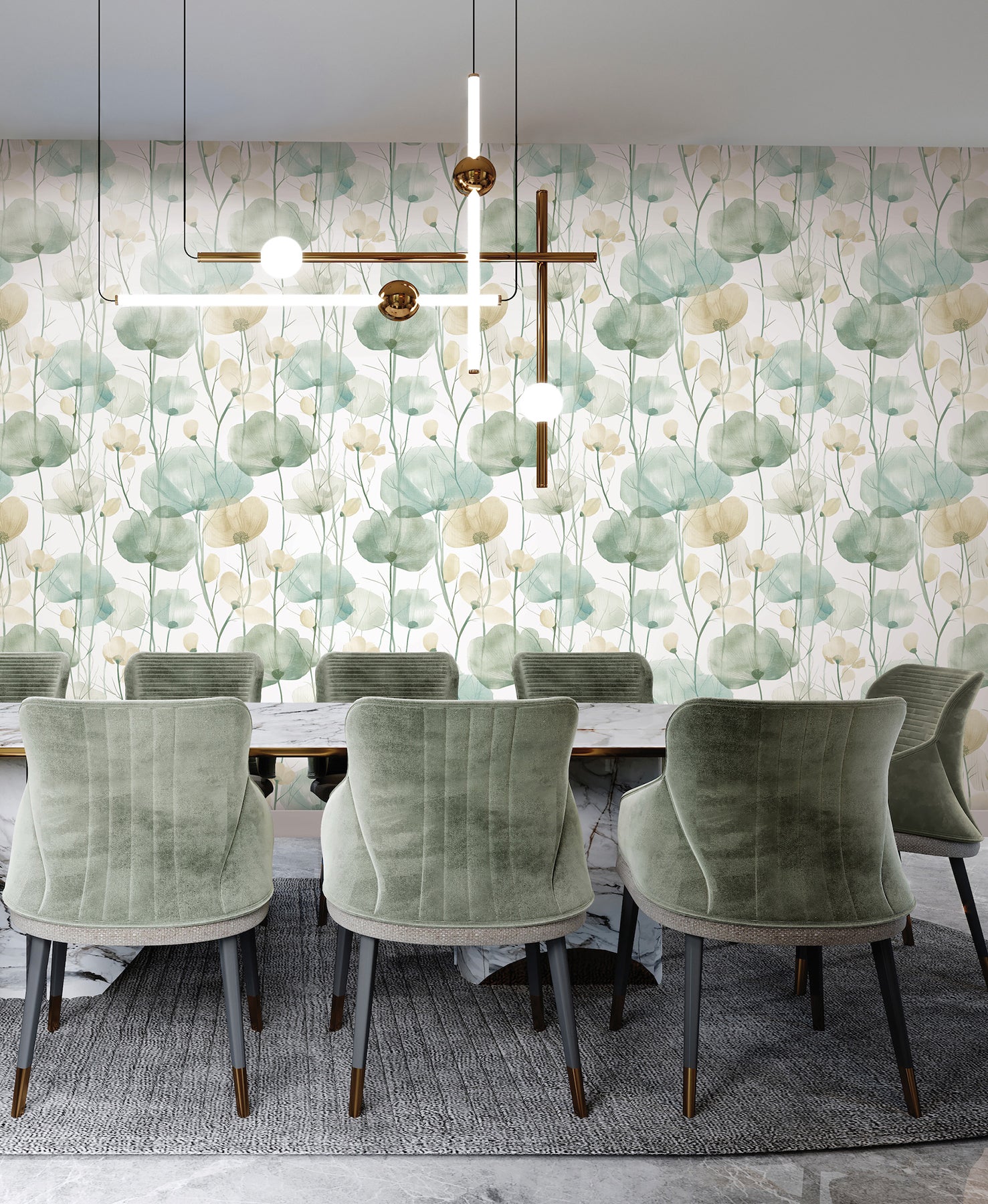 Ronald Redding Cotswolds Poppies Turquoise Floral Wallpaper (VR1539) showing aqua and turquoise poppies with sage and beige leaves — floral pattern ideal for accent wall or full room makeover.