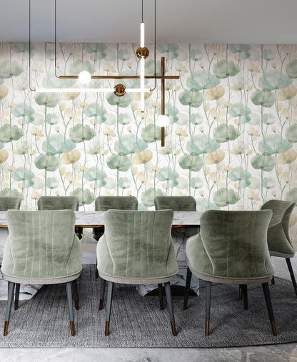 Ronald Redding Cotswolds Poppies Turquoise Floral Wallpaper (VR1539) showing aqua and turquoise poppies with sage and beige leaves — floral pattern ideal for accent wall or full room makeover.