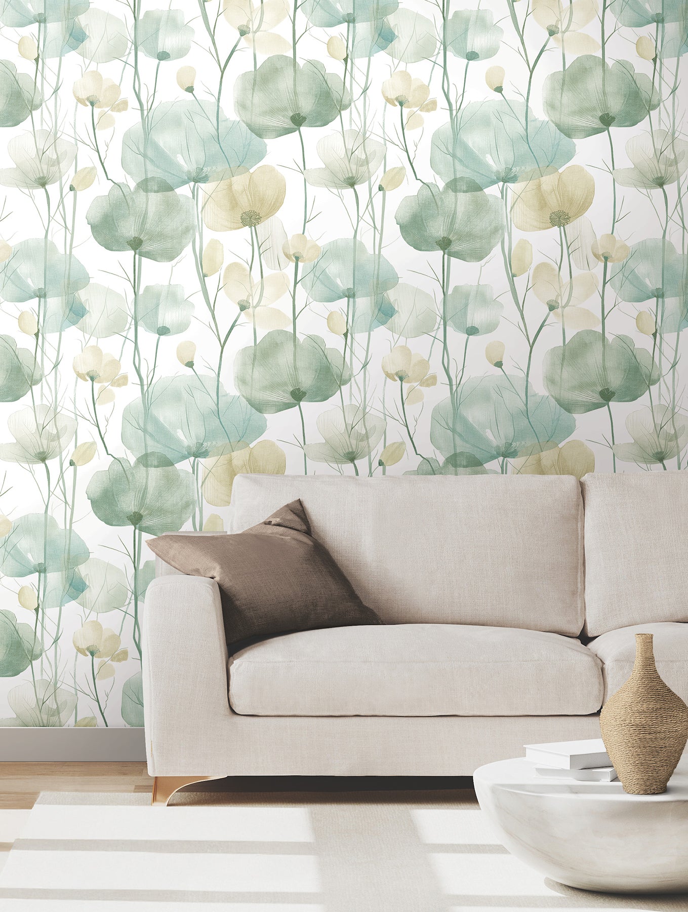 Ronald Redding Cotswolds Poppies Turquoise Floral Wallpaper (VR1539) showing aqua and turquoise poppies with sage and beige leaves — floral pattern ideal for accent wall or full room makeover.