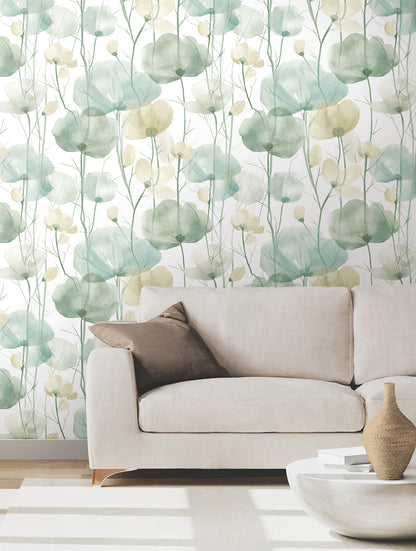 Ronald Redding Cotswolds Poppies Turquoise Floral Wallpaper (VR1539) showing aqua and turquoise poppies with sage and beige leaves — floral pattern ideal for accent wall or full room makeover.