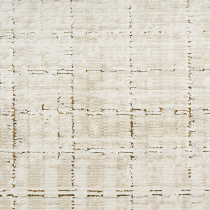 Beige area rug with soft textured weave and a subtle light grid pattern; neutral, versatile decor.