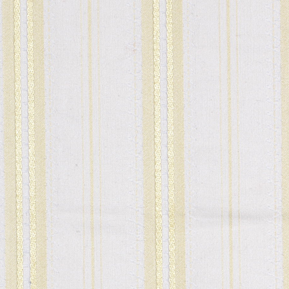 White upholstery fabric with vertical beige, gold, and light gray stripes and a subtle woven texture.