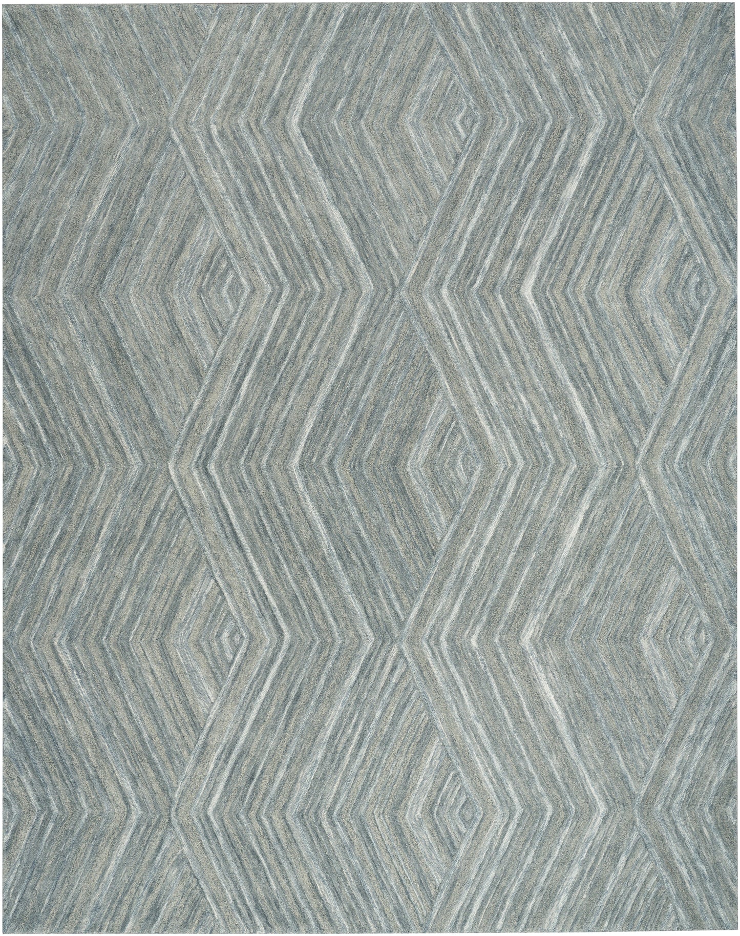 Blue-gray area rug with repeating diamond pattern formed by layered chevron lines.
