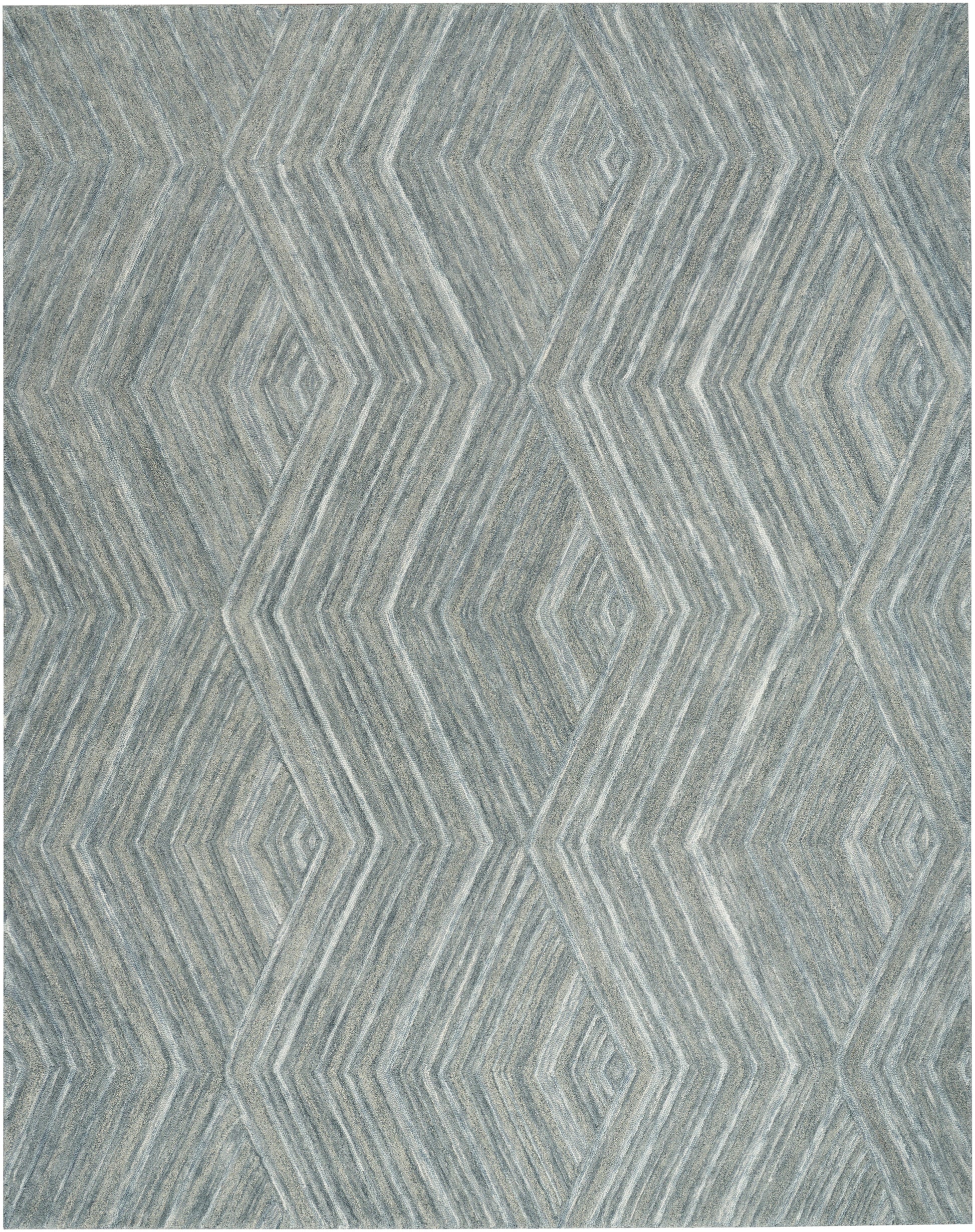 Blue-gray area rug with repeating diamond pattern formed by layered chevron lines.