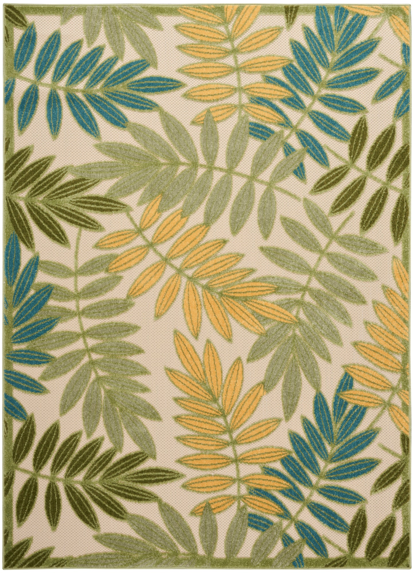 Beige rug with multicolor tropical leaf pattern in blue, yellow & green woven texture.