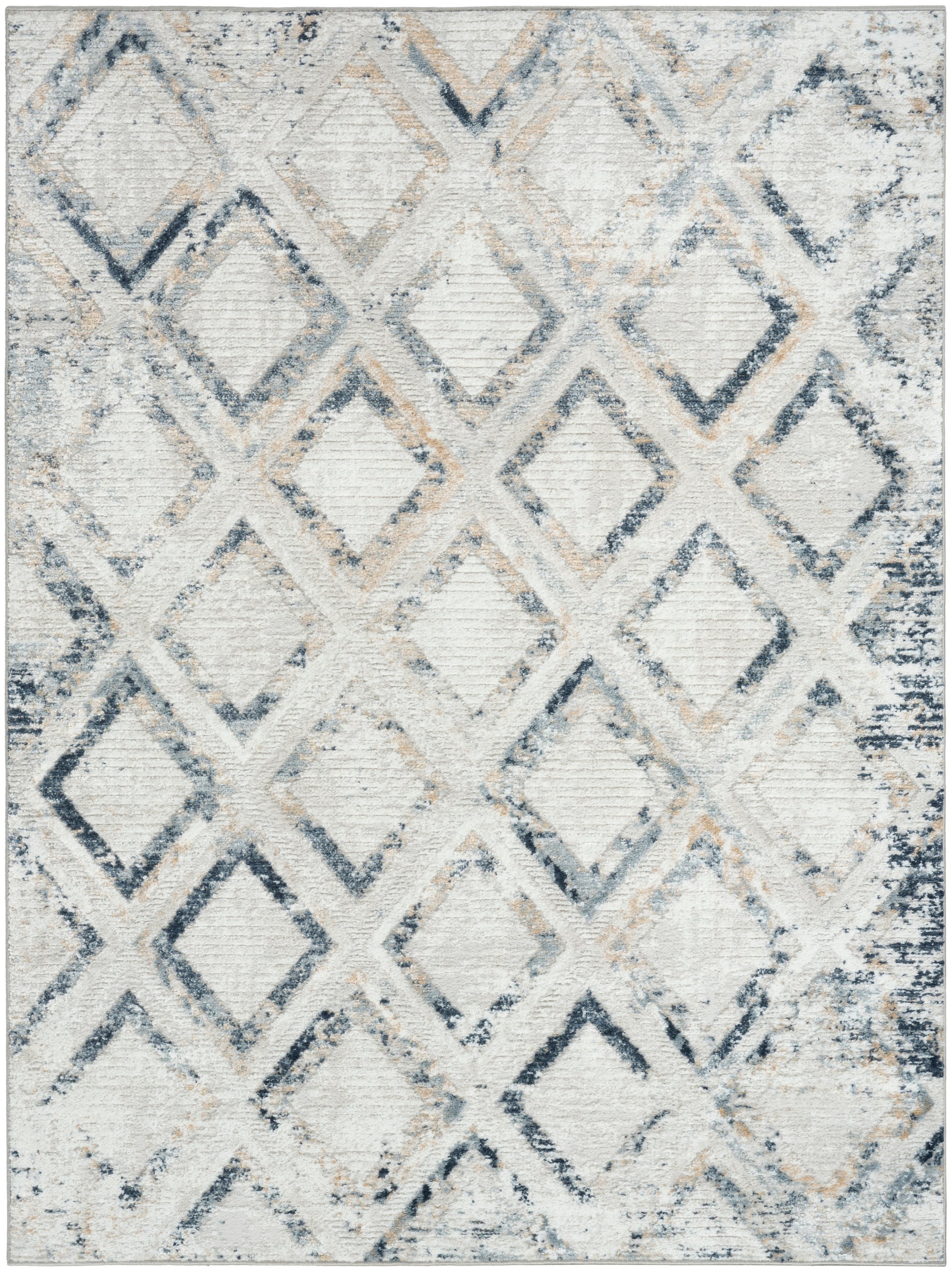 Rectangular area rug with a faded diamond lattice pattern in ivory, beige and blue-gray.