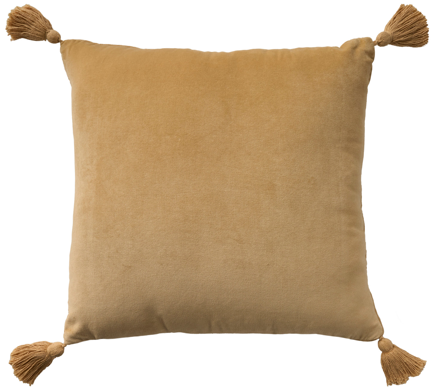 Tan velvet square throw pillow with tassels at each corner.