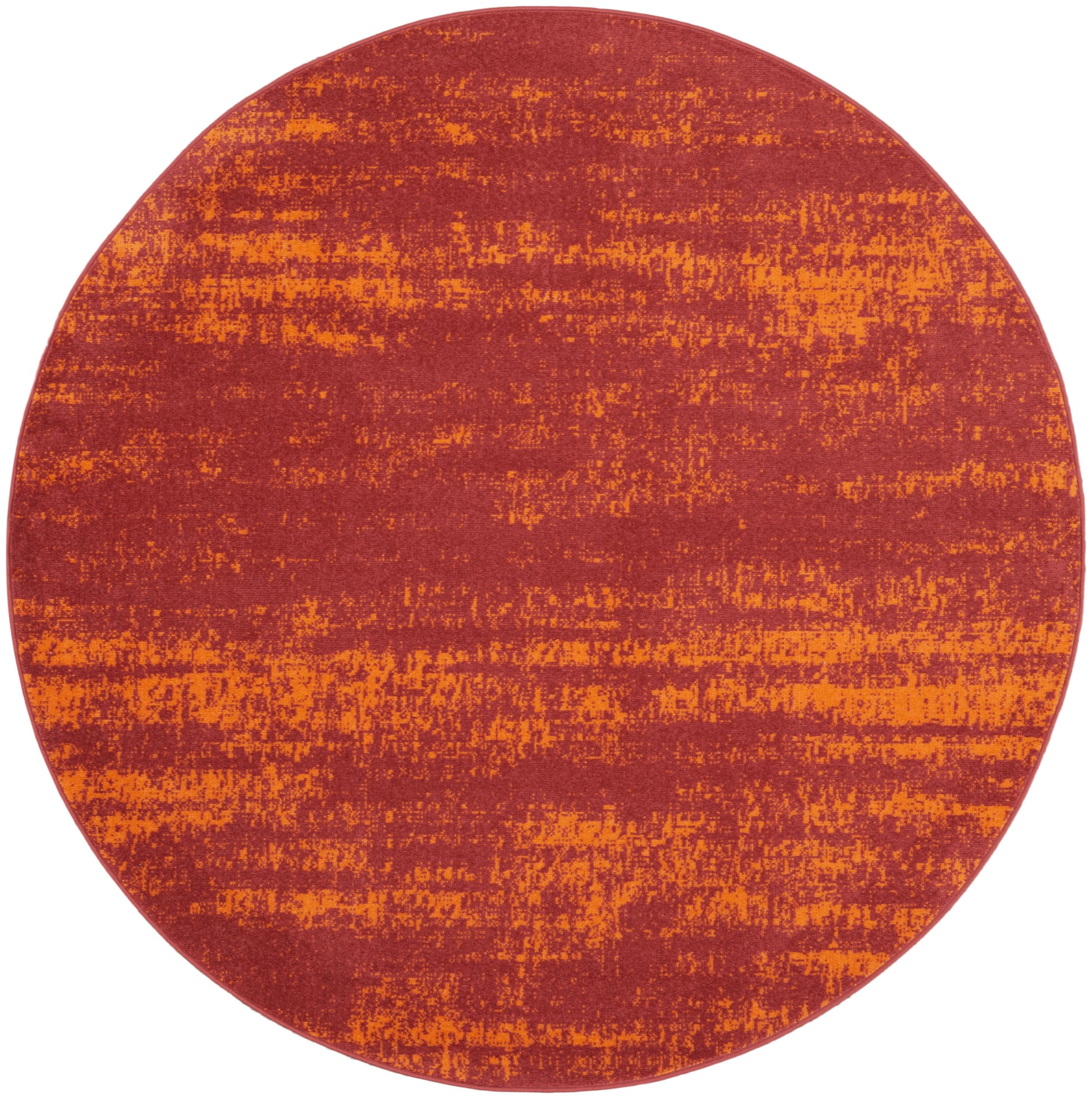 Round rug in burnt orange and red with a distressed textured pattern, warm modern decor accent.