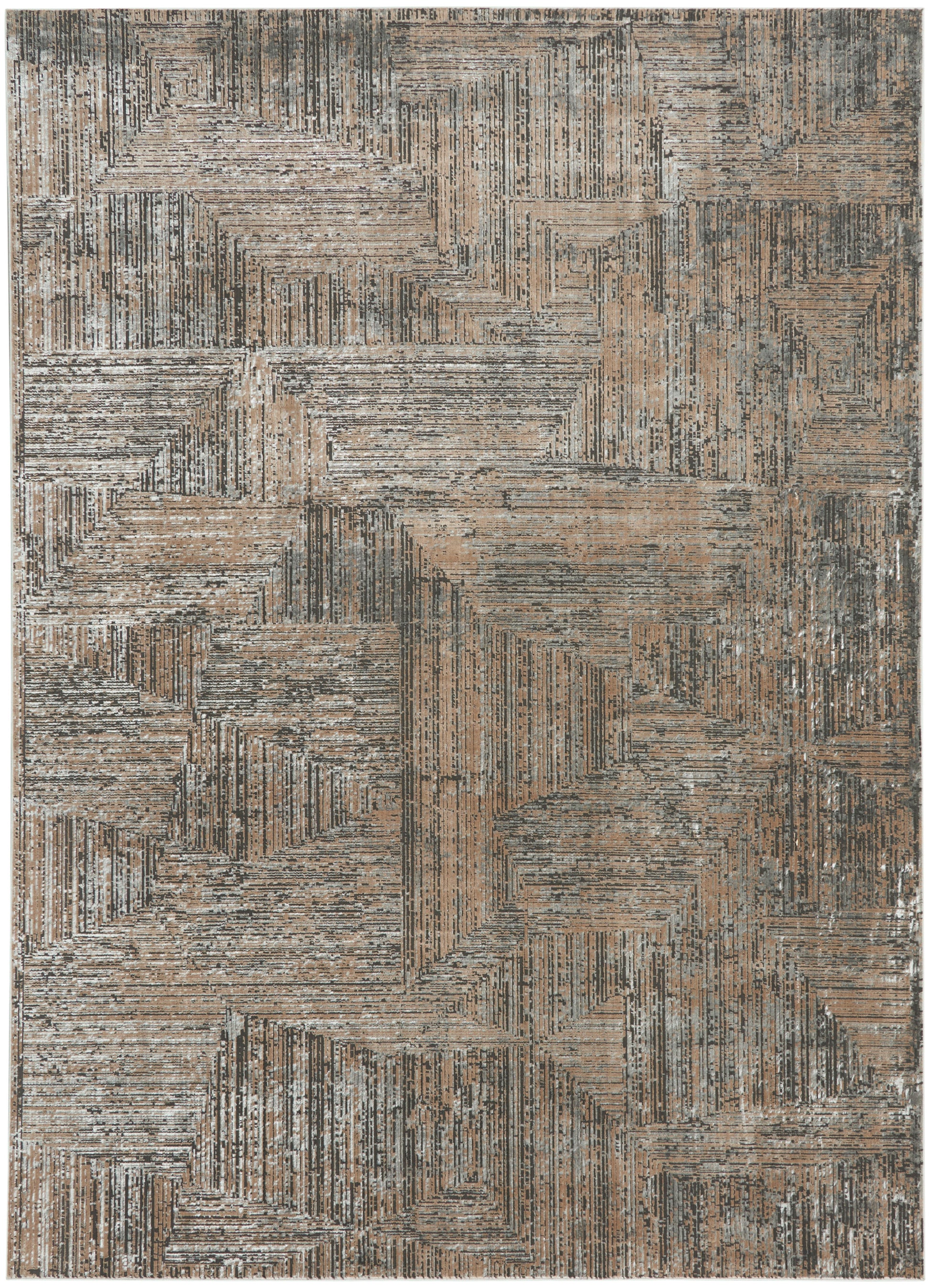 Rectangular distressed geometric-pattern area rug (8' x 10') in tan, taupe and charcoal with textured layered line motifs.