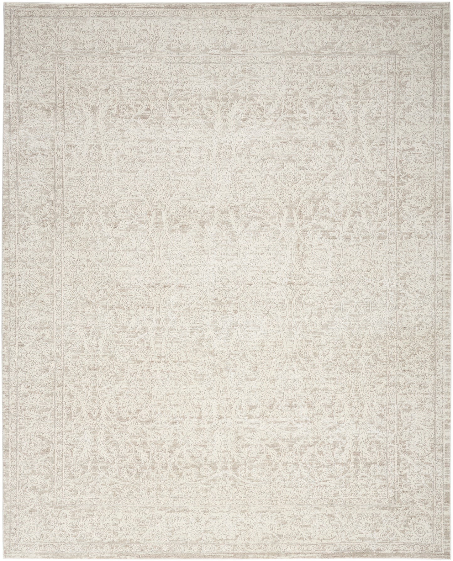 Cream-toned area rug with a faint vintage oriental pattern and subtle border, woven texture.