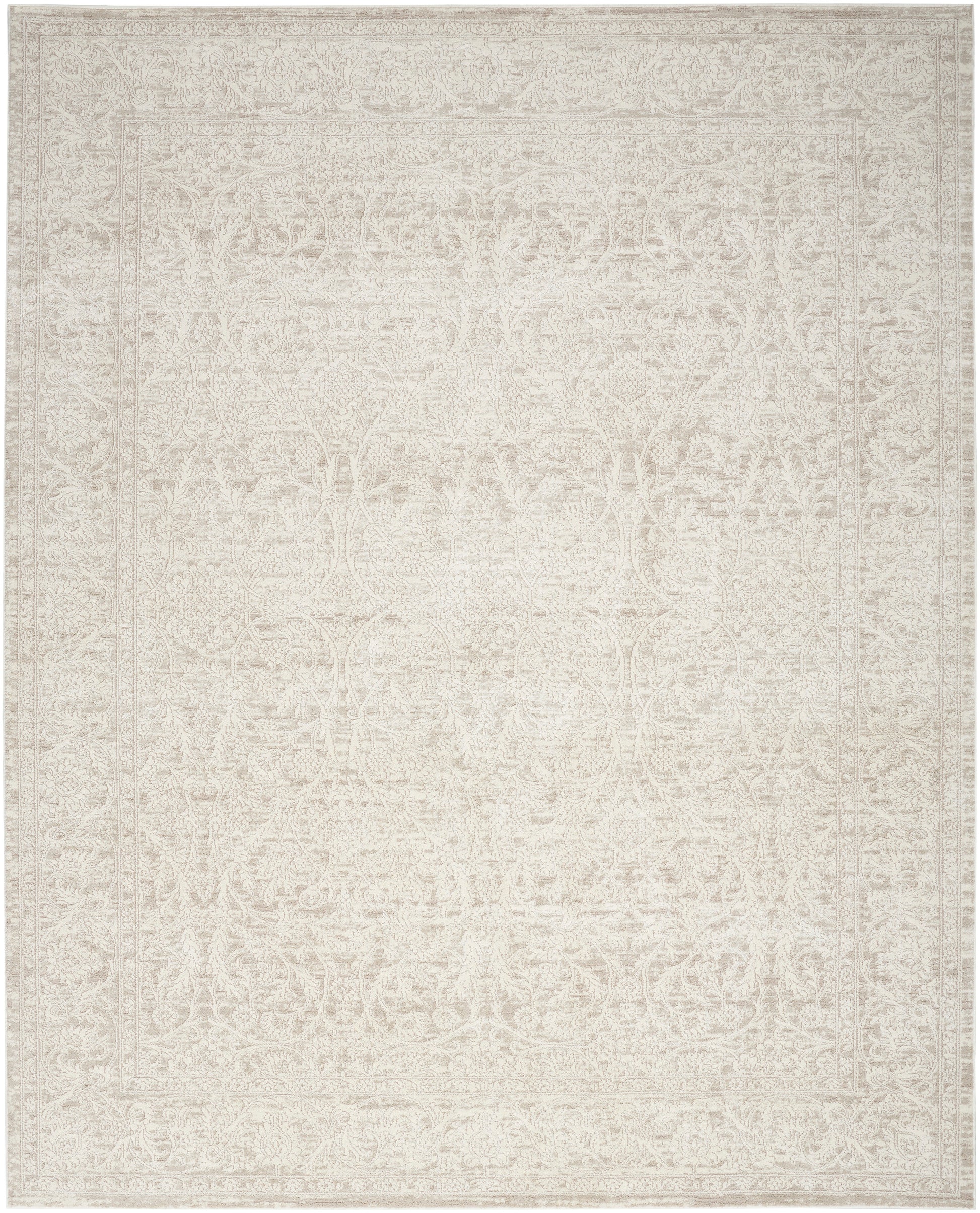 Cream-toned area rug with a faint vintage oriental pattern and subtle border, woven texture.