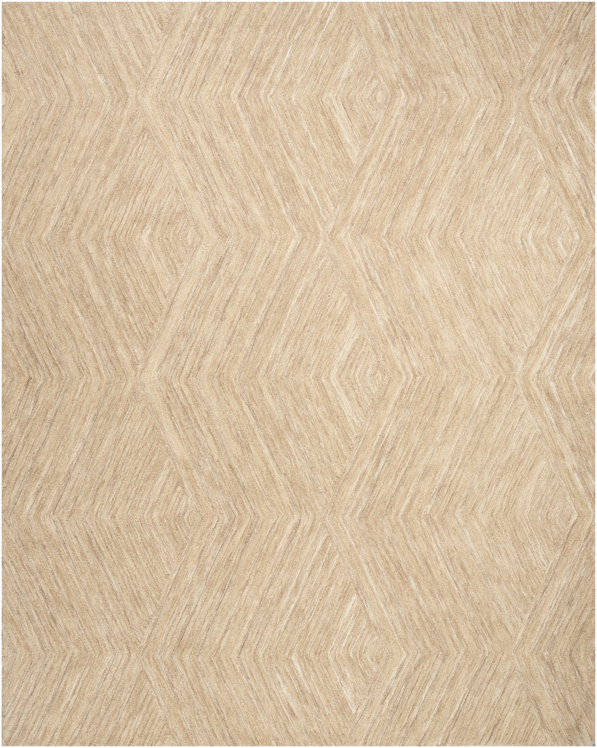 Beige woven rug with a subtle diamond-shaped geometric pattern and textured fibers.