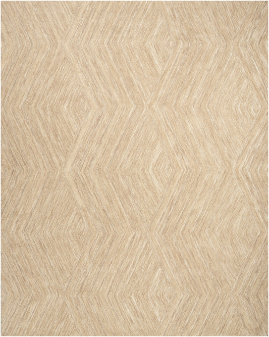 Beige woven rug with a subtle diamond-shaped geometric pattern and textured fibers.