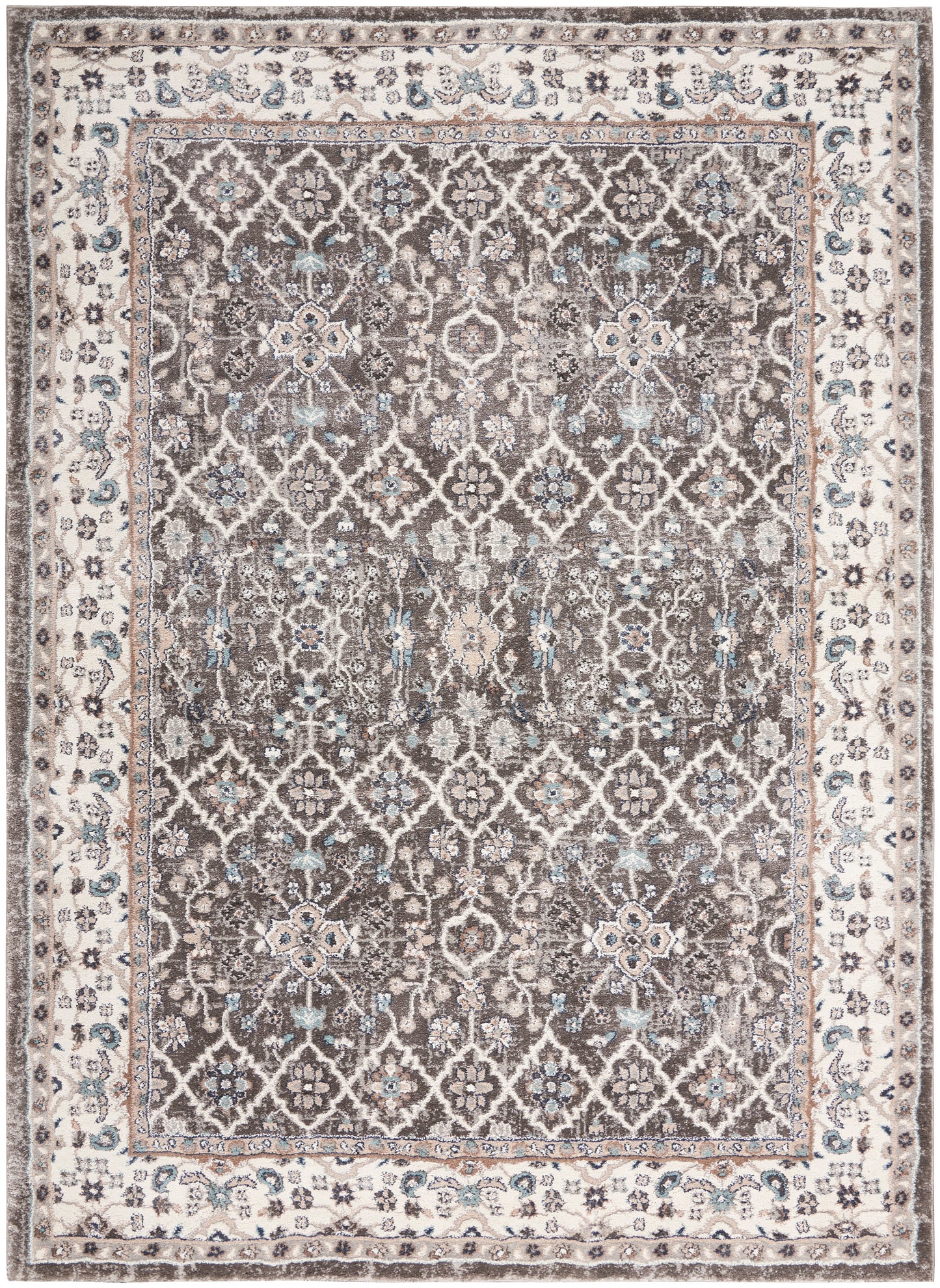 Oriental-style area rug with brown central field, ivory floral lattice, blue accents, and ornate beige border.
