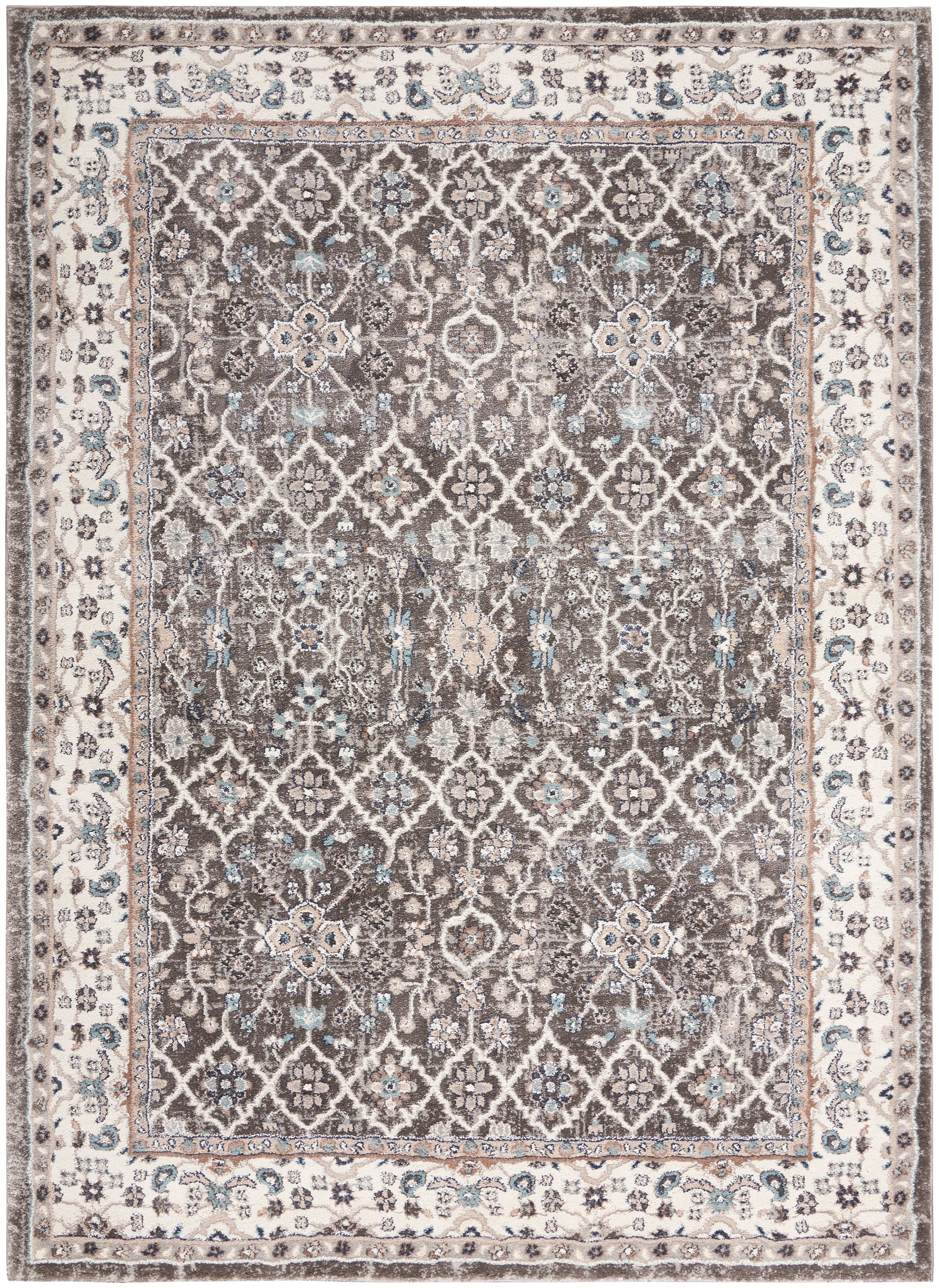 Oriental-style area rug with brown central field, ivory floral lattice, blue accents, and ornate beige border.