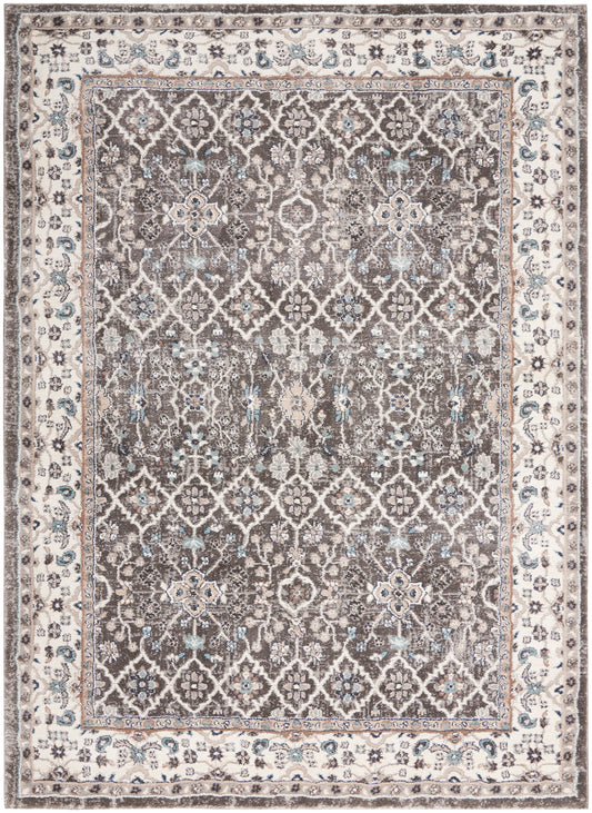 Oriental-style area rug with brown central field, ivory floral lattice, blue accents, and ornate beige border.