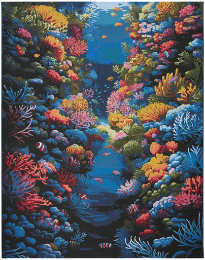 Vibrant underwater coral reef wall art print with multicolored corals and fish on a blue ocean backdrop.