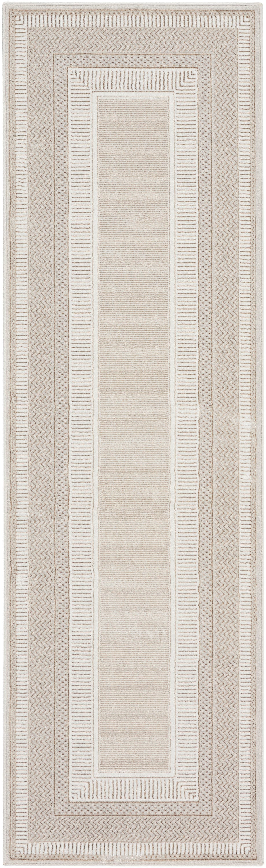 Rectangular flatweave rug in beige and taupe with a central light panel and layered Greek-key borders; modern runner.