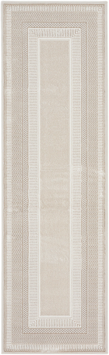 Rectangular flatweave rug in beige and taupe with a central light panel and layered Greek-key borders; modern runner.
