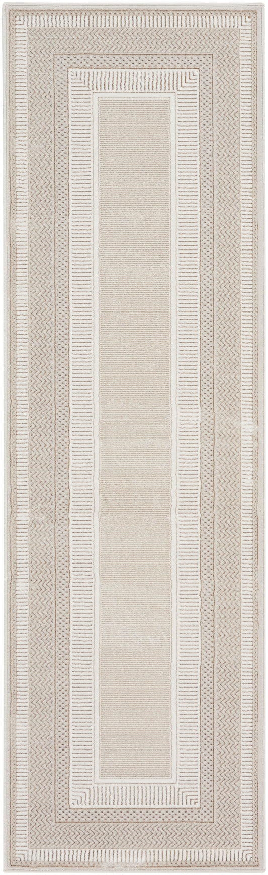 Rectangular flatweave rug in beige and taupe with a central light panel and layered Greek-key borders; modern runner.