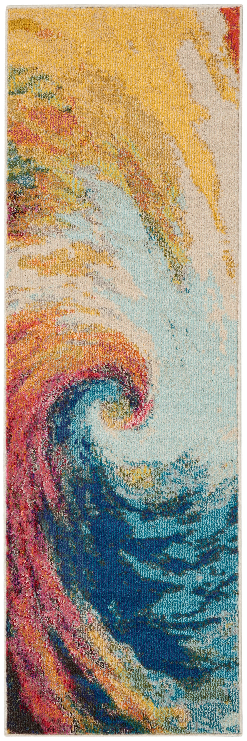 Long vertical rug runner with an abstract swirl of yellows, oranges, pinks, aqua and blue.